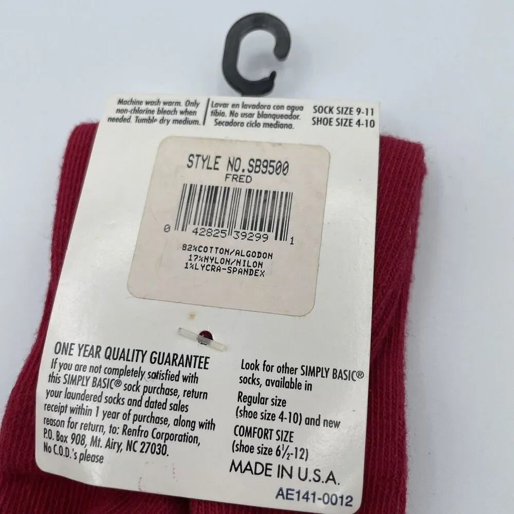 Simply Basic NOS Red Crew Socks Pima Cotton Blend Child Kids 4-10 90’s Fred VTG